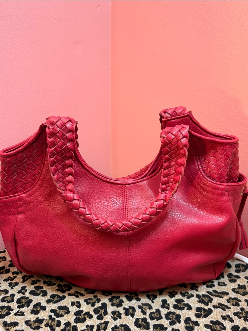 Pink Woven-Handle Leather shoulder bag